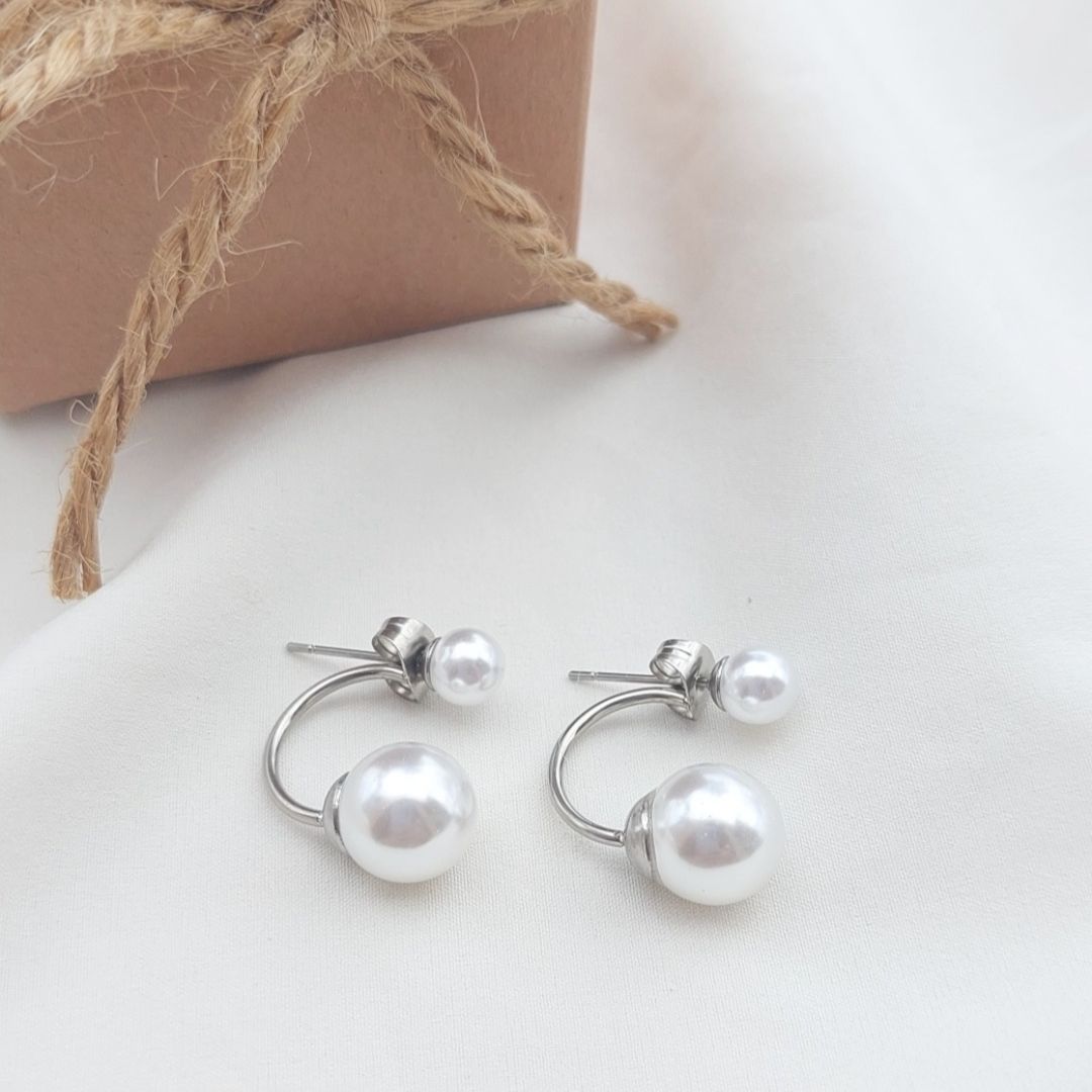 Aretes Doble Perla Plateado