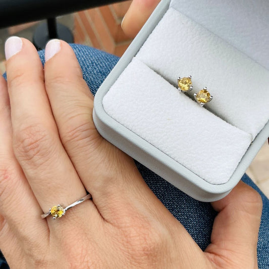 Set Anillo y Aretes Citrino en plata rodinada